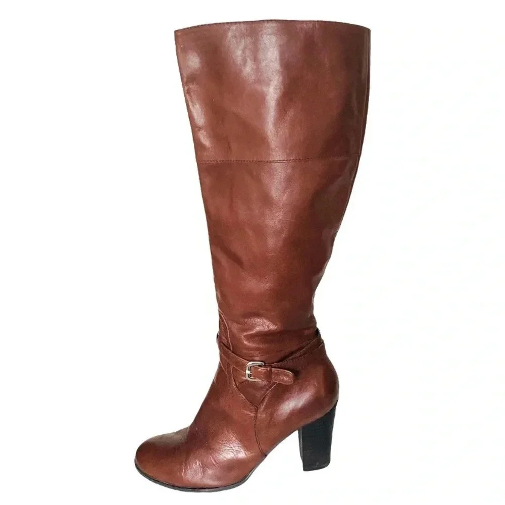 MARC FISHER Kevins Women’s Leather Cognac Brown Tall Heeled Winter Boots Sz 9.5M
